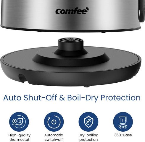 COMFEE' Stainless Steel Electric Kettle, 1.7 Liter Hot Water Kettle, 1500W Fast Boil with Auto Shut-Off