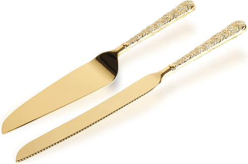 Dicunoy 2 PCS Gold Cake Knife and Server Set, Vintage Engraved Utensils for Wedding, Birthday, Party