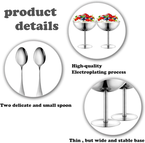 Frozen (2, Ice Cream Bowls Stainless Steel Dessert Cups with Spoons Reusable Footed Sundae Cups Ice Cream Cups