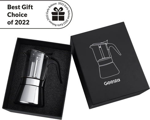 4/6/ 9 360ml/12.7oz/9 cup=40ml) Geesta Premium Crystal Glass-Top Stovetop Espresso Moka Pot - Cups Stainless Steel