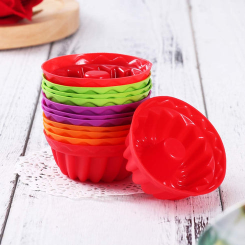 12Pcs Non-Stick Silicone Fluted Cake Mould, Round Baking Pan for Cake, Gelatin, Mousse, Bread (2.55 x 2.55 x 1.18 Inch)