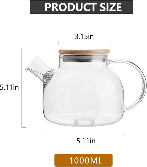 Glass Teapot Stovetop 34 OZ/1000ml, Borosilicate Clear Tea Kettle with Bamboo Lid, Teapot with detachable filter,Teapot with Removable Stainless Steel Infuser,Tea maker for Camping and Travel by NZUSHUH