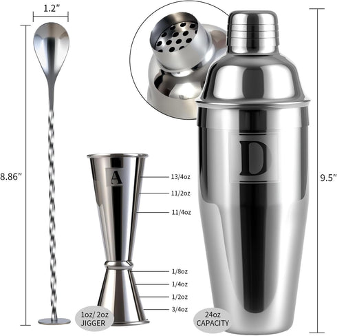 THECOSKY 24oz Set 1 oz 2oz Monogramm Set 304 Cocktail Shaker with Jigger - Initials Martini Shaker - Stainless Steel