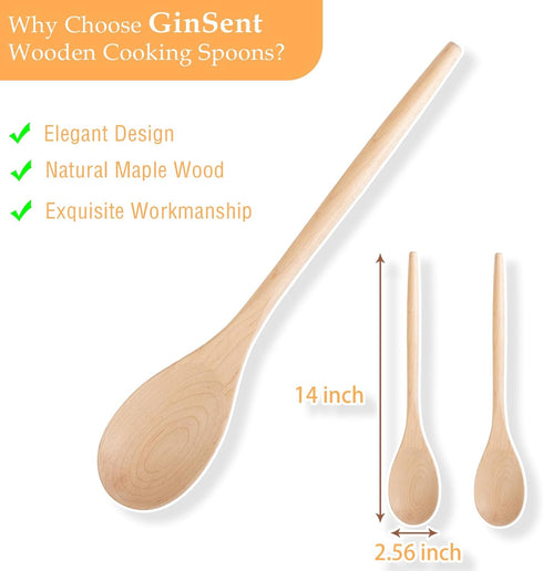 Wooden Cooking Spoons Set, 14 Inch Maple Wood Mixing Spoon, Mixing Salad, Sauce Soup Stirring Ladle, Nonstick Spoon Kitchen Serving Utensil with Long Comfortable Handle and Smooth Finish (2 Pieces)