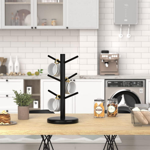Dorhors Black Coffee Mug Holder Tree, Coffee Bar Organizer with 6 Hooks, Wood Coffee Mug Rack for Counter