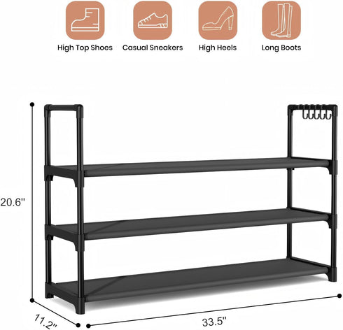 Closet 12-15 3 VILICK Shoe Rack for Shoe Organizer Space Saver Storage for Pair Shoe Shelf with Hook Free Standing Tier