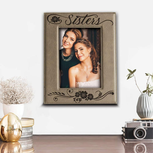 BELLA BUSTA Sisters Picture Frame, Engraved Leather Gift for Sister, 5x7 Vertical