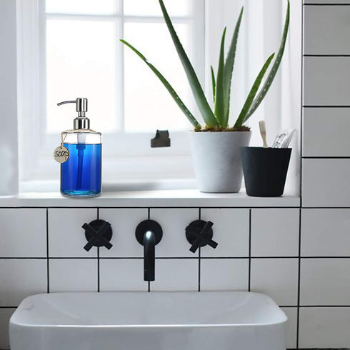 JASAI 16OZ Cylinder Glass Soap Dispenser | Rust Proof Stainless Steel Pump for Hand Soap, Kitchen