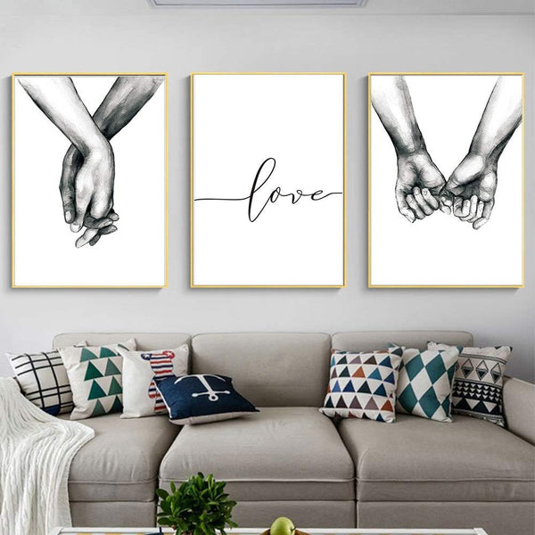 Kiddale Love and Hand in Hand Wall Art Canvas Print Poster, Black and White Sketch Art Decor (Set of 3, 16x20 inches)