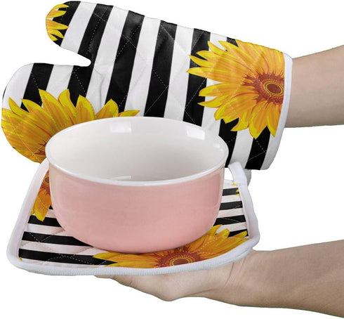 Set of Oven Mitt and Pot Holder, Sunflowers Oven Gloves, Heat Resistance Non-Slip for Kitchen BBQ Cooking