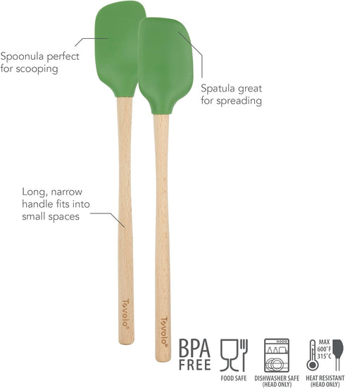 Tovolo Flex-Core Wood-Handled Mini Spatula & Spoonula, Kitchen Utensil Set of 2, Heat-Resistant & BPA-Free Silicone Spatula & Spoonula Heads, Safe for Cast Iron & Non-Stick Cookware