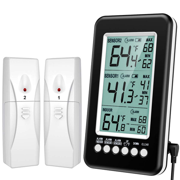 KeeKit Wireless Indoor Outdoor Refrigerator Thermometer with 2 Sensors, Digital Temperature Gauge with Alarm