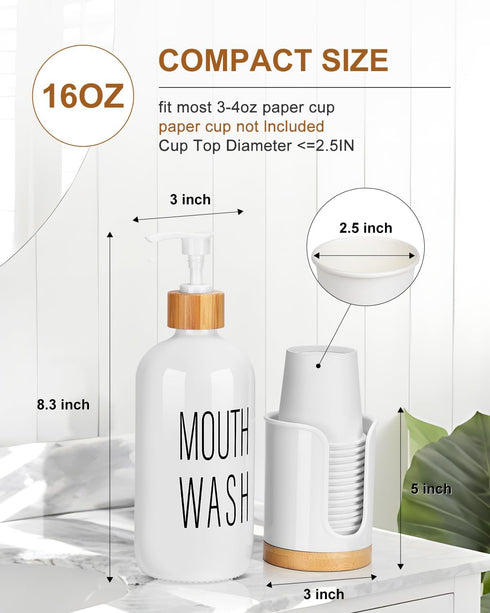 3 oz Pump Mouthwash Dispenser with Bathroom Cup Holder, Glass Mouthwash Container, Mouth Wash Bottle Decanter, Small PC