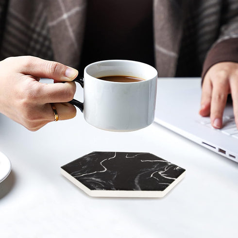 Cool Black Marble Coaster Set with Holder, Hexagon Absorbent Coasters, Modern Ceramic 6 Pack for Beverage Decor