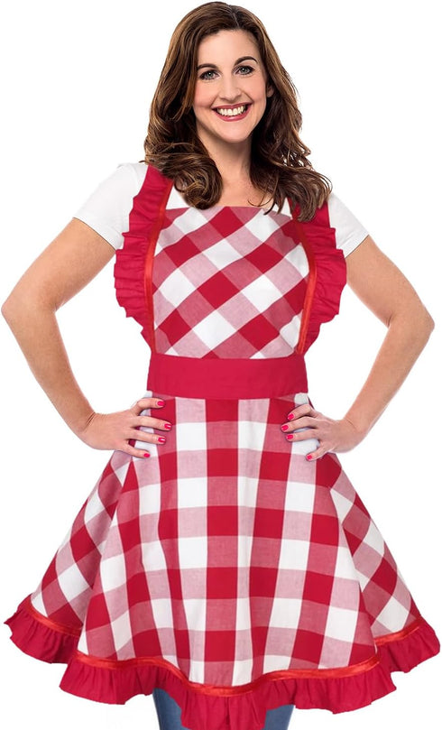 Violet Mist Red Plaid Vintage Apron for Women - Cute Ruffle Frilly Kitchen Apron, Retro 50s Style for Cooking