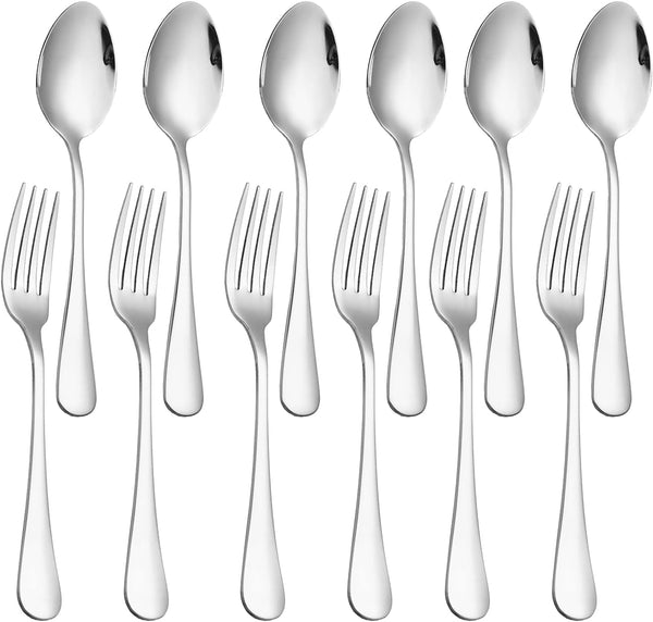 Set of 12 Stainless Steel Dinner Forks and Spoons, Heavy-Duty Cutlery Set (6.7 Inch) Dishwasher Safe (Silver)