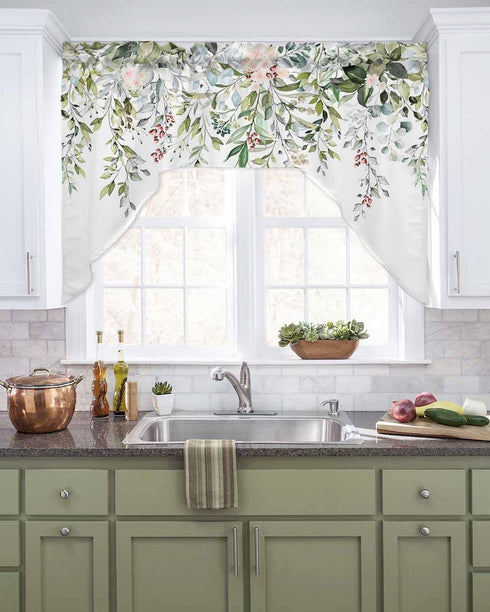 Watercolor Spring Floral Swag Valances for Kitchen Window, Eucalyptus Leaves Flowers Drapes 56x36 Inch