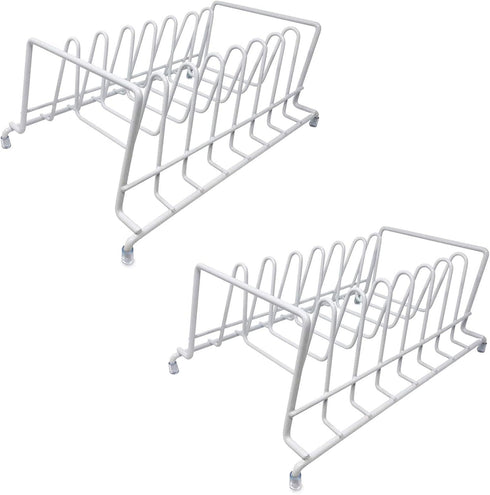Huji Plates Holder Rack for Pots Pans Lid Organizer, TWO, White for Cabinet, Pantry or Kitchen Counter