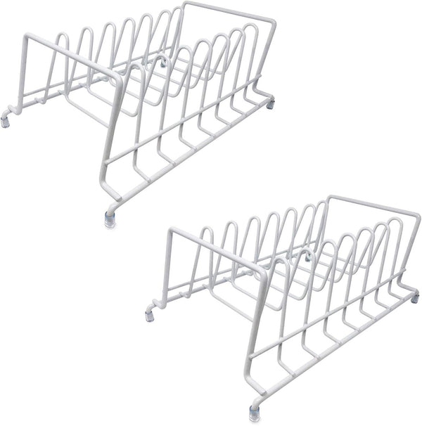Huji Plates Holder Rack for Pots Pans Lid Organizer, TWO, White for Cabinet, Pantry or Kitchen Counter