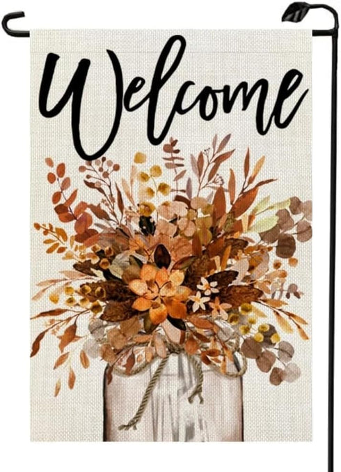 Welcome Fall Floral Mason Jar Garden Flag 12x18 Inch Double Sided for Outside Burlap Small Seasonal Autumn Yard Decoration QJ08