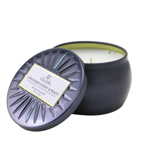 Voluspa Makassar Ebony & Peach Mini Tin Candle - 4 oz, 25 Hour Burn Time, Handcrafted in The USA