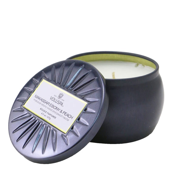 Voluspa Makassar Ebony & Peach Mini Tin Candle - 4 oz, 25 Hour Burn Time, Handcrafted in The USA