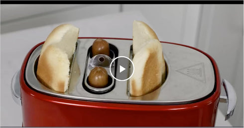 Nostalgia Retro Hot Dog and Bun Toaster with Mini Tongs, 2 Slot Cooker for Chicken, Turkey, Veggie Links, Red