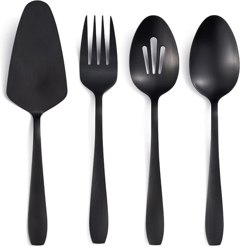 Matte Black Serving Set - 4-Piece Stainless Steel Hostess Set for Buffets, Includes Serving Spoon and Fork