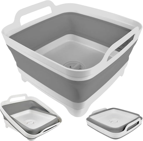 Collapsible Wash Basin with Drain Plug - 2.4 Gallon (9L) Portable Sink for RV Camping, Space-Saving Dish Pan (Gray)