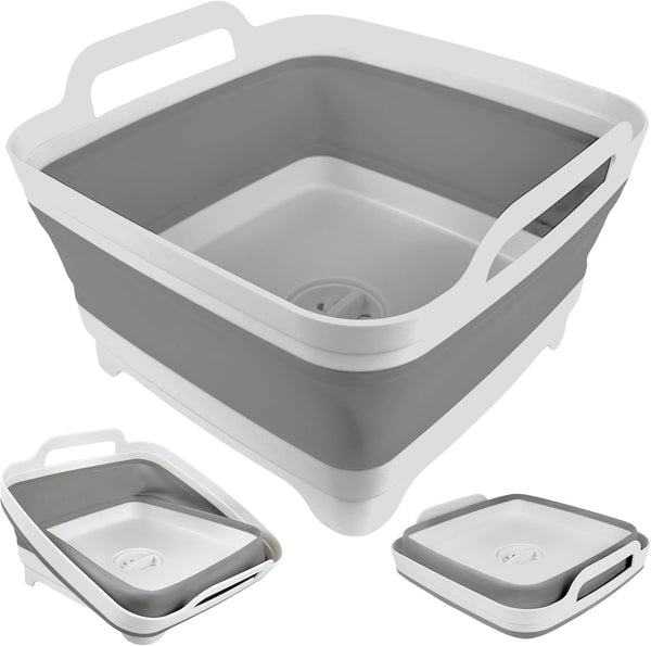 Collapsible Wash Basin with Drain Plug - 2.4 Gallon (9L) Portable Sink for RV Camping, Space-Saving Dish Pan (Gray)