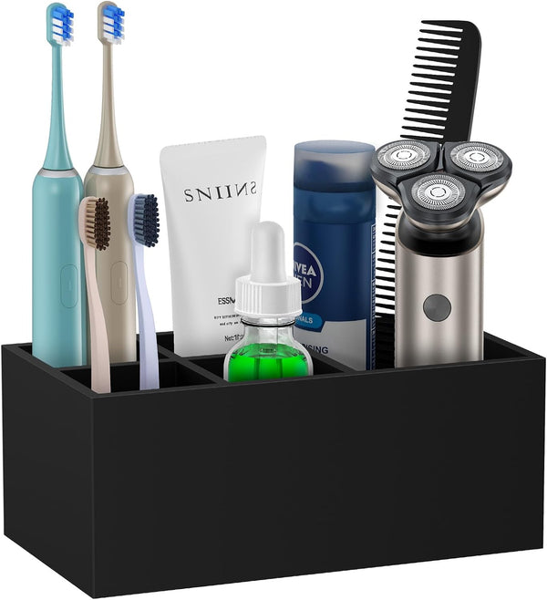 Electric Toothbrush Holder - 5 Slots Resin Organizer with Drain Hole for Bathroom Vanity, Matte Black Countertop Storage