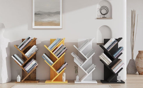 4 UHBC014W YMYNY Tier Tree Bookshelf, Small Bookcase, Modern Wood Book Storage Rack, Freestanding Book Shelf