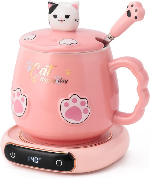 Bgbg Coffee Mug Warmer & Cute Cat Mug Set, Electric Beverage Cup Warmer for Desk with Three Temperature Settings