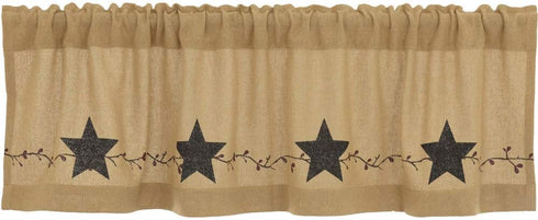 Pine Valley Quilts Country Primitive Burlap Valance Curtain, Star and Pip Design, 16x90