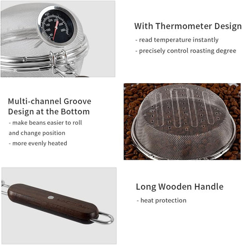Home Coffee Bean Roaster Tool - CAFEMASY Portable Stainless Steel Roasting Pan with Thermometer for Outdoor Baking