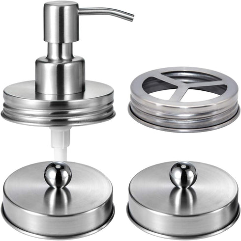 Mason Jar Bathroom Accessories Lids Set (4pcs) - Jars Not Included - Soap Dispenser, Toothbrush Holder, Apothecary Lids