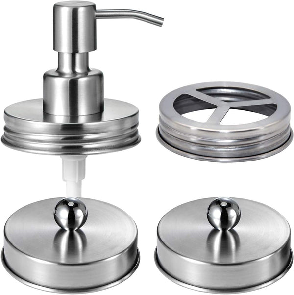 Mason Jar Bathroom Accessories Lids Set (4pcs) - Jars Not Included - Soap Dispenser, Toothbrush Holder, Apothecary Lids