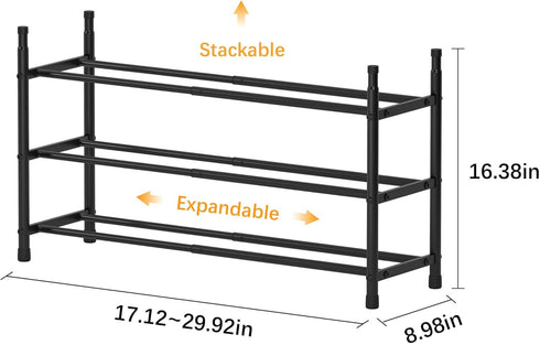 TZAMLI 3-Tier Closet, 17.2"-30" 9" 16.4" Inch Expandable Metal Shoe Rack for Stackable Shoe Organizer Adjustable Shoe