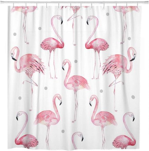 ArtSocket Shower Curtain, Watercolor Bath Pink Flamingos with Grey Polka Dots, Polyester Fabric Waterproof 72 x 72
