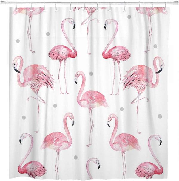 ArtSocket Shower Curtain, Watercolor Bath Pink Flamingos with Grey Polka Dots, Polyester Fabric Waterproof 72 x 72