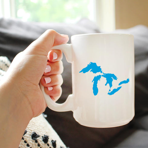 Great Lakes Map Coffee Mug - Large 15oz White Ceramic Mug - Unique Art Gifts for Midwestern Women & Men
