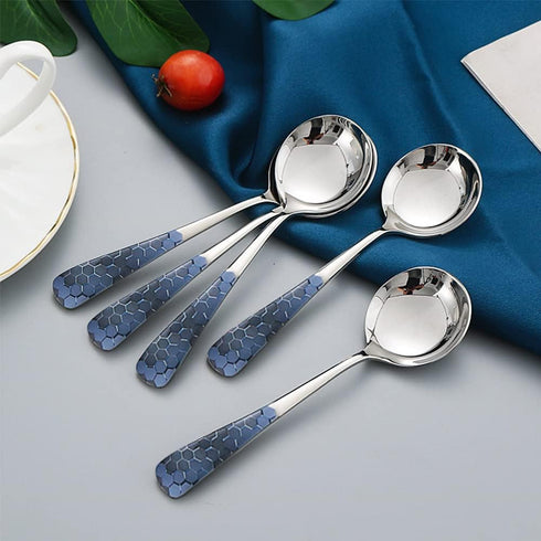 Stainless Steel Coffee Round Spoon - 4 Set of 6 Inches Korean Dessert Spoon with Hexagonal Pattern for Home or