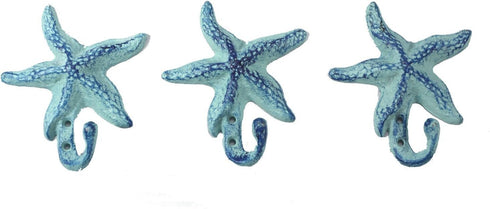 Starfish Antique Blue Cast Iron Wall Hooks - Set of 3 for Coats, Hats, Towels, More