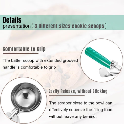 Set, Set, 18/8 Saebye Cookie Scoop Ice Cream Scoop Cookie Scoops for Baking, Multiple Size Large-Medium-Small Size