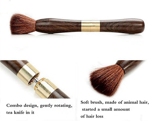 Puer Tea Knife - Vintage Stainless Steel Tea Pick with Wooden Handle & Teapot Brush for Breaking Puerh Cakes (Dark