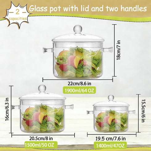 Cangfort 2L/67oz Set (Set (1400ml 1600ml 1900ml)) Glass Cooking Pot - Heat-Resistant Borosilicate Glass Handmade
