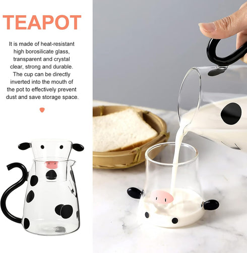 1 Set Glass Carafe Pitcher with Glass Mug, Cute Cow Glass Tea Pitcher Kettle, 550ml Night Water Carafe