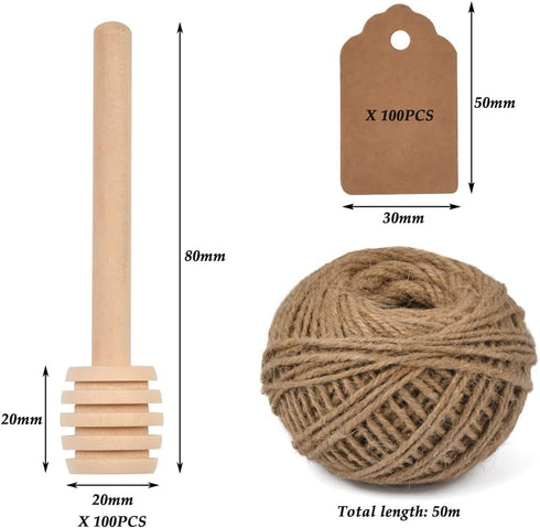 FOCCTS 100pcs 3 inch Honey Dipper Sticks, Wooden Honey Dipper Honey Stirrers Honey Spoon with Natural Jute Twine Kraft