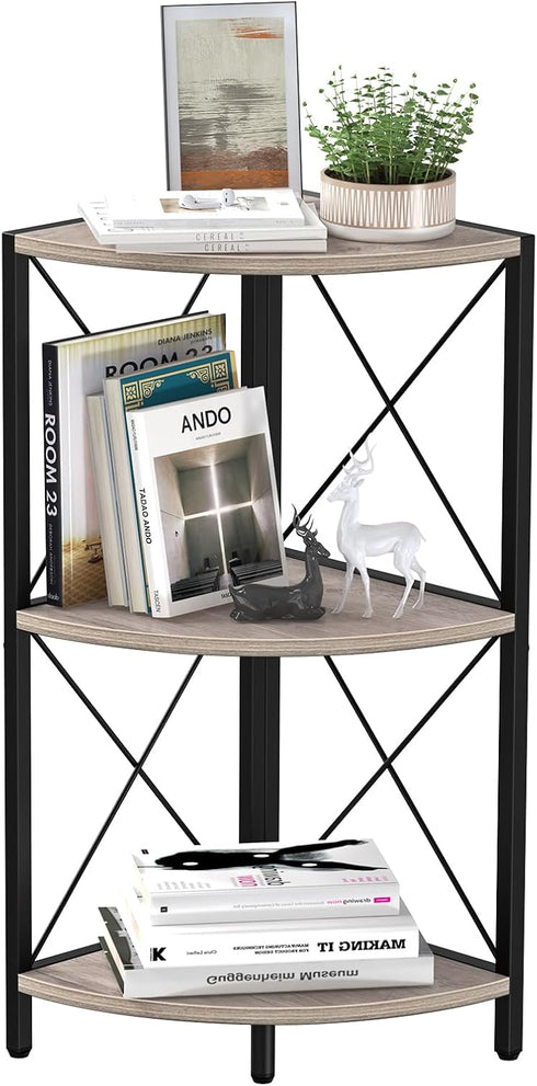 Snughome 3-Tier Corner Shelf for Desktop, Grey Freestanding Corner Storage Organizer with Metal Frame Display Rack