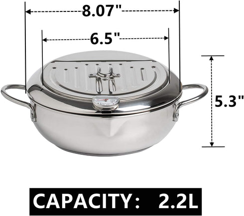 Yopay 304 Stainless Steel Deep Fryer Pot, Frying Chicken Pot, Tempura deep Fryer with a Thermometer and a lid, Japanese Style Tempura Fryer Pan,2.2L by Yopay